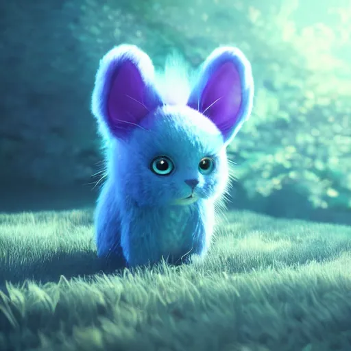 Image similar to ultra-realistic ultra-detailed adorable fluffy bioluminiscent headphones in the style of ghibli kazuo oga, blue and purple fur, big ears, beautiful light big eyes, underwater landscape, DOF, soft lighting, unreal engine render