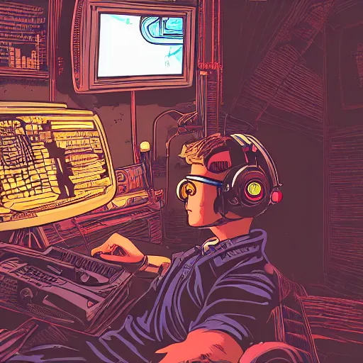 Prompt: in the style of max prentis and deathburger and laurie greasley a beautiful close up of a young explorer wearing a cyberpunk headpiece playing video games in his treehouse, highly detailed, 8 k wallpaper