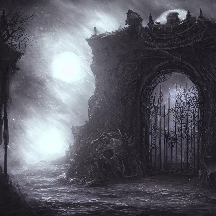 Image similar to ominous mysterious dark etherial gate to the midnight void, midnight lighting, quiet and serene atmosphere, deviantart, official art, concept art, intricate high detail masterpiece