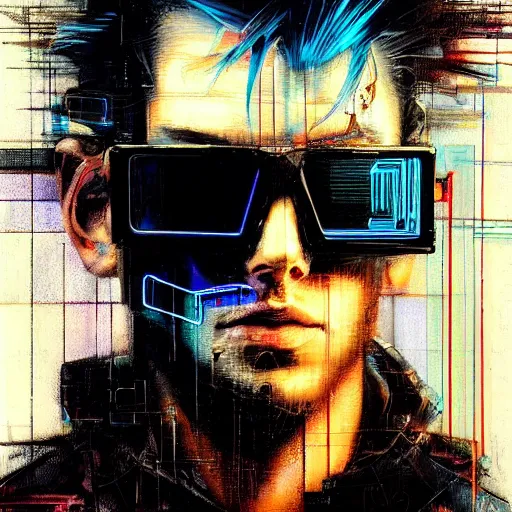Prompt: hyperrealistic portrait of a cyberpunk character that can see the future, male, by Guy Denning, Johannes Itten, Derek Gores, Russ Mills, femmine, long hair, mysterious, determined, passionate, glitch art, hacking effects, glitch effects, cyberpunk sunglasses, detailed lines, polished, smooth, color blocking, oil on canvas, highly detailed, artistic, front view, symmetrical, octane, concept art, abstract, 8k, cinematic, trending on artstation