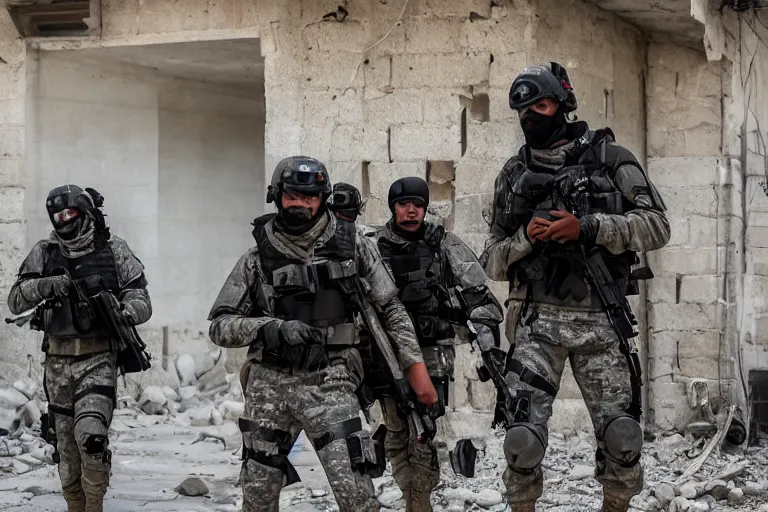 Image similar to Mercenary Special Forces soldiers in grey uniforms with black armored vest and black helmets in urban warfare in Syria 2022, Canon EOS R3, f/1.4, ISO 200, 1/160s, 8K, RAW, unedited, symmetrical balance, in-frame, combat photography