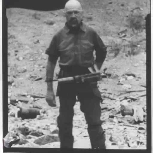 Prompt: photograph of walter white standing on a landmine, explosion, 3 5 mm photograph, war photograph