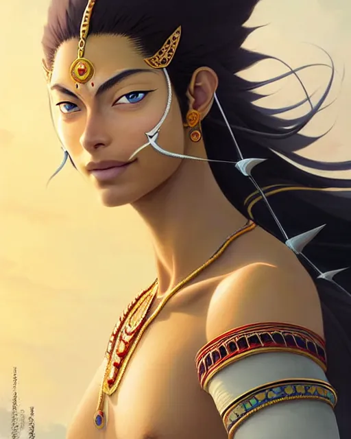 Image similar to indian warrior, doutzen kroes, detailed perfect face, exquisite details, septum piercing!!!!, wind magic, mid view, design on a white background, by studio muti, greg rutkowski makoto shinkai takashi takeuchi studio ghibli