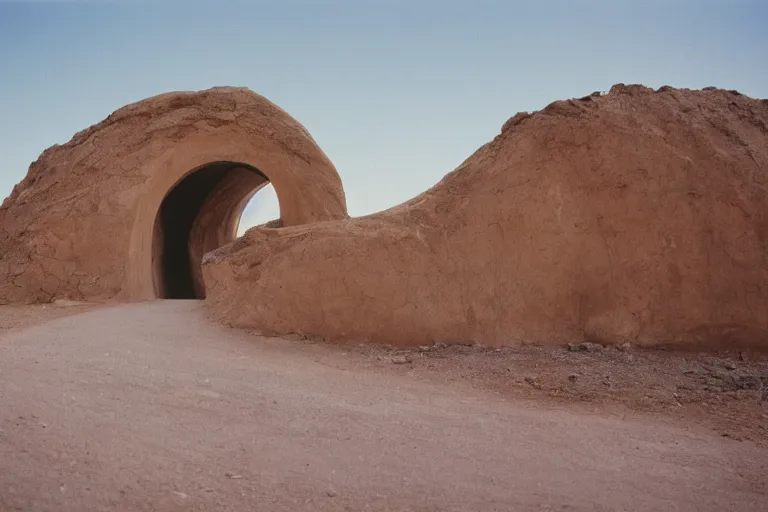 Prompt: film still of monumental neoclassical city with deep spiral tunnel in the desert, by Étienne-Louis Boullée cinestill 800t 35mm full-HD