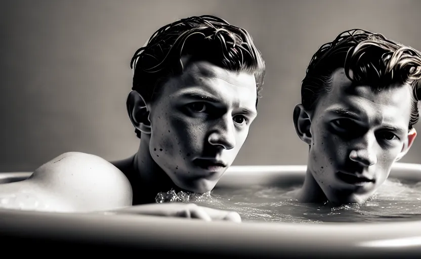 Image similar to photographic portrait by Annie Leibovitz of Tom Holland in a hot tub, closeup, foggy, sepia, moody, dream-like, sigma 85mm f/1.4, 15mm, 35mm, 4k, high resolution, 4k, 8k, hd, full color