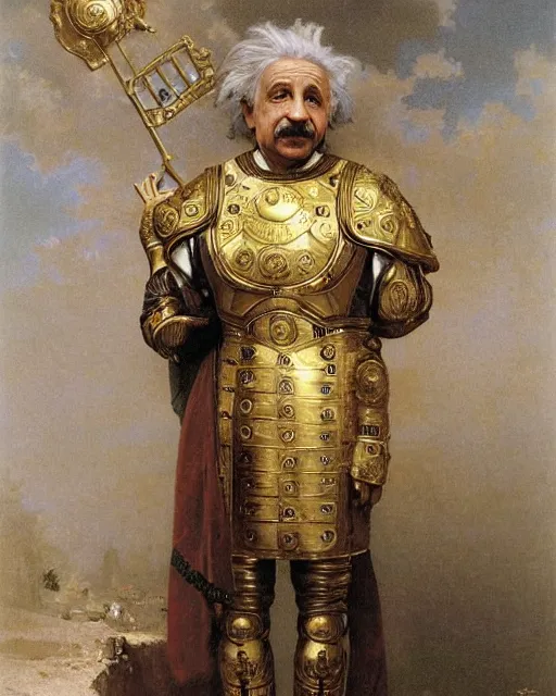 Image similar to brilliant albert einstein, dressed in ornate, detailed, intricate golden armor, surrounded by mathematical equations, detailed oil painting by william adolphe bouguereau