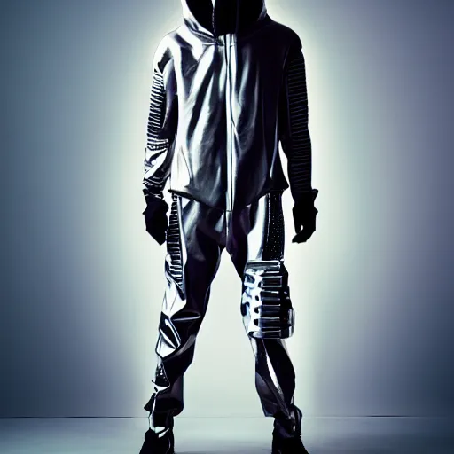 Prompt: a mannequin dressed in a futuristic cyberpunk outfit, hoodie, baggy pants, fashion photography, studio lighting, ash thorp