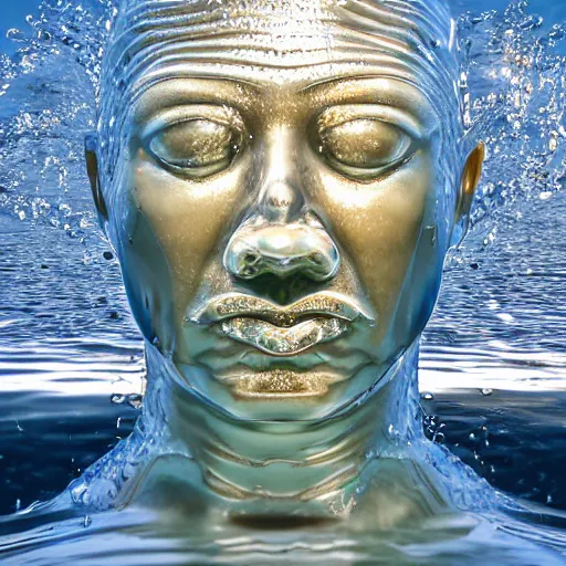 Image similar to a water sculpture in the shape of a human head, on the ocean water, cinematic, in the style of johnson tsang, long shot, hyper detailed, hyper realistic, ray tracing, 8 k resolution, sharp focus, realistic water, award winning