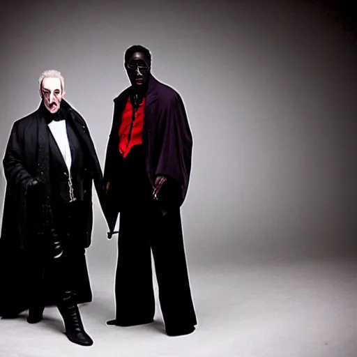 Image similar to Photoshoot of Wesley Snipes as Blade and Christopher Lee as Dracula in the Style of Annie Leibovitz, Studio Lighting