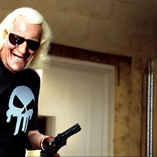 Image similar to Jimmy Saville as Punisher, cinematic, movie still, photorealistic, laughing, 8k,