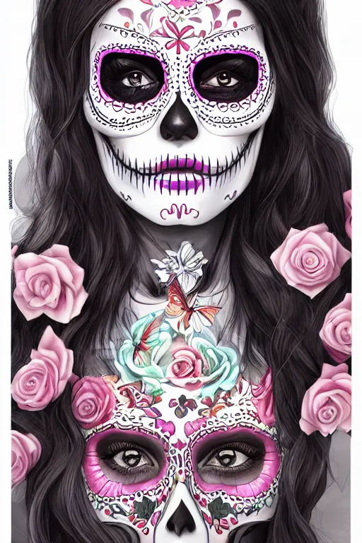 Image similar to illustration of a sugar skull day of the dead girl, art by Artgerm