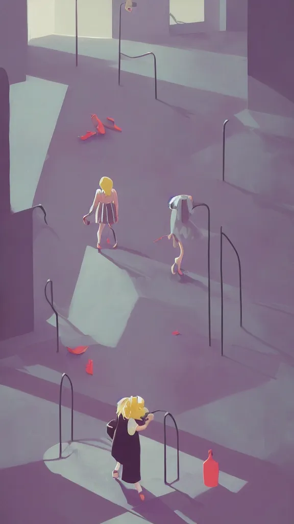 Image similar to tall blonde girl alone in playground, fun whimsical surreal illustration, by atey ghailan and escher and edward hopper,