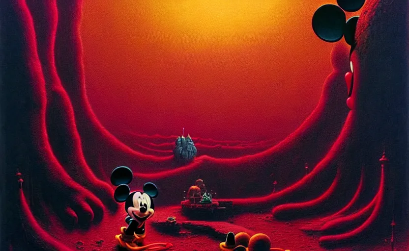 Image similar to life of a mickey mouse, scene features mickey mouse, by zdzislaw beksinski, by richard corben, by dariusz zawadzki, by wayne barlowe, gothic, surrealism, cosmic horror, lovecraftian, cold hue's, warm tone gradient background, concept art, beautiful composition