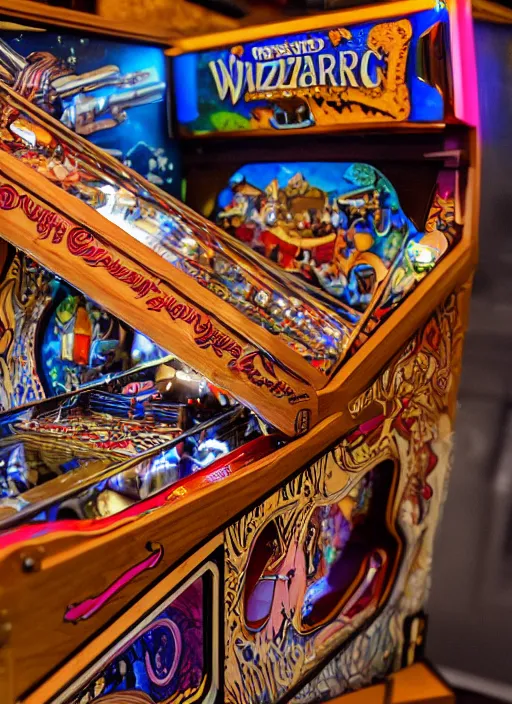 Prompt: a complex fancy wooden pinball machine that has fancy artwork inside with lights and pinball bumpers, wizard themed, front-view