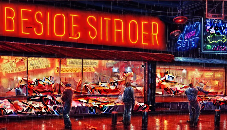 Prompt: painting of a neon sign storefront meat butcher shop, raining, busy street, cyberpunk, romantisism, outrun, synthwave, painting, detailed, by android jones