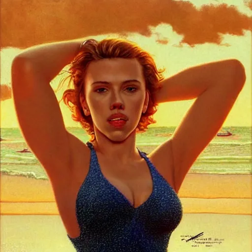 Image similar to Portrait still photograph of Scarlett Johansson wearing a swimsuit at the beach by Norman Rockwell, detailed, textured, golden hour, beach setting, medium shot, mid-shot, trending on Artstation