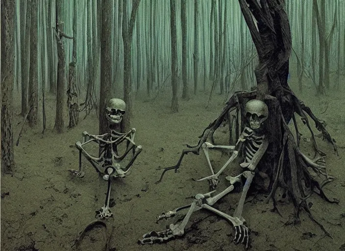 Image similar to skeleton in a forrest, highly detailed, science fiction, Edward Hopper and James Gilleard, Zdzislaw Beksinski highly detailed