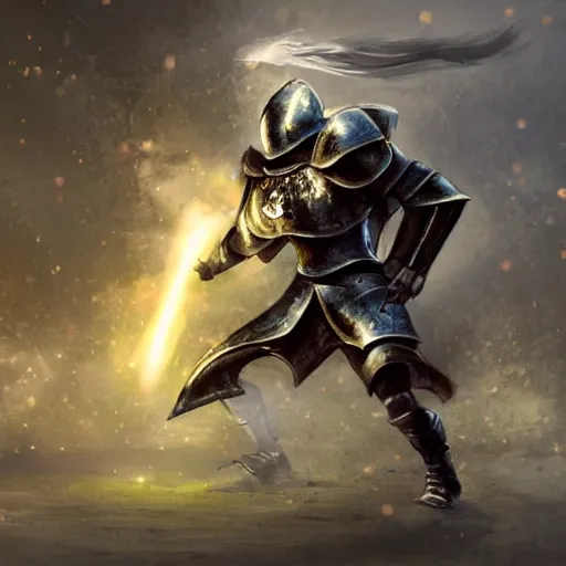 Prompt: a knight defeating a glowing suit of armor, fantasy, concept art, dramatic, action shot, hyper realistic