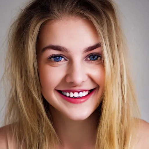 Prompt: a close up portrait of a 23 year old female, dirty blonde hair, perfect teeth, smiling