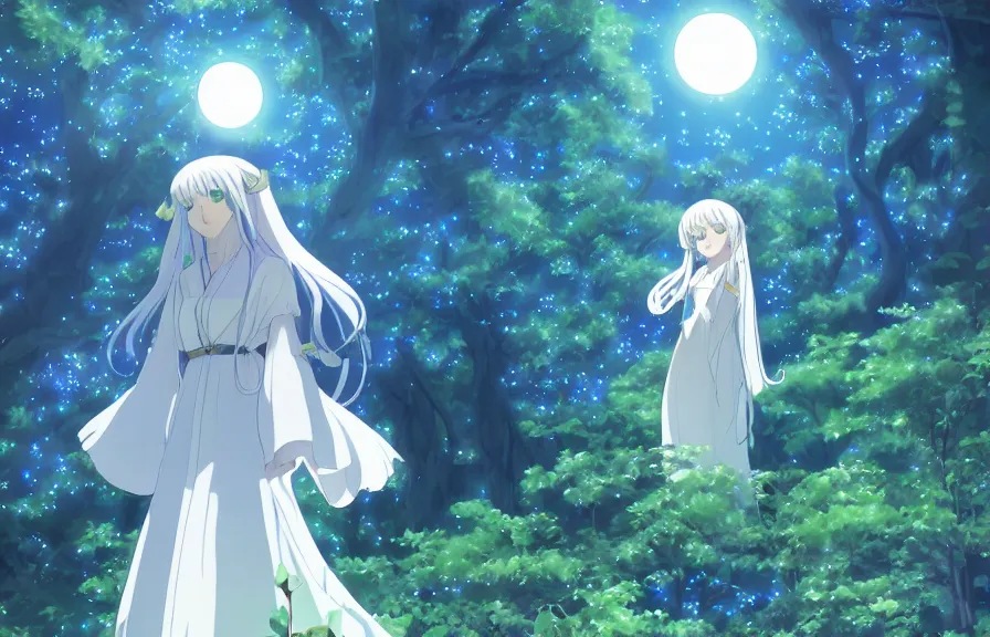 Image similar to Illyasviel holding floating green crystal | ghibli clover | Big Moon at Blue Night | Trees with white flowers | bioluminescent blue FLOWERS | strong blue rimlit | visual-key | anime illustration | highly detailed High resolution | Light Novel | Visual Novel | Gosick