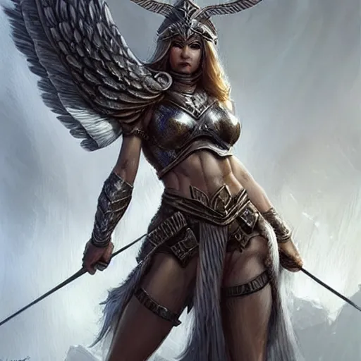 Image similar to valkyrie standing triumphantly atop a pile of bones, epic fantasy, insane details, illustration, artstation, intricate, sharp focus, elegant, concept art, art by stanley lau, artgerm