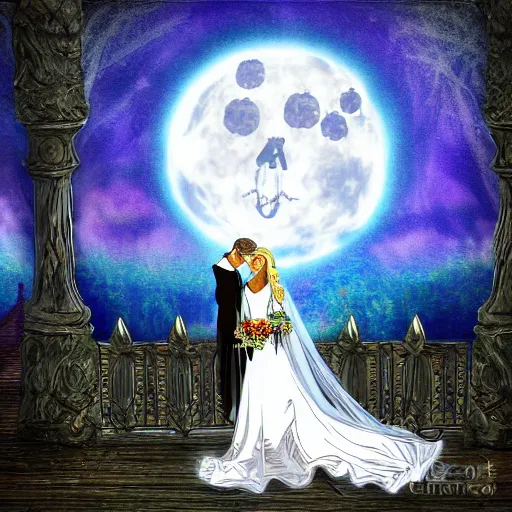 Image similar to a gothic wedding under a full blue moon, digital art