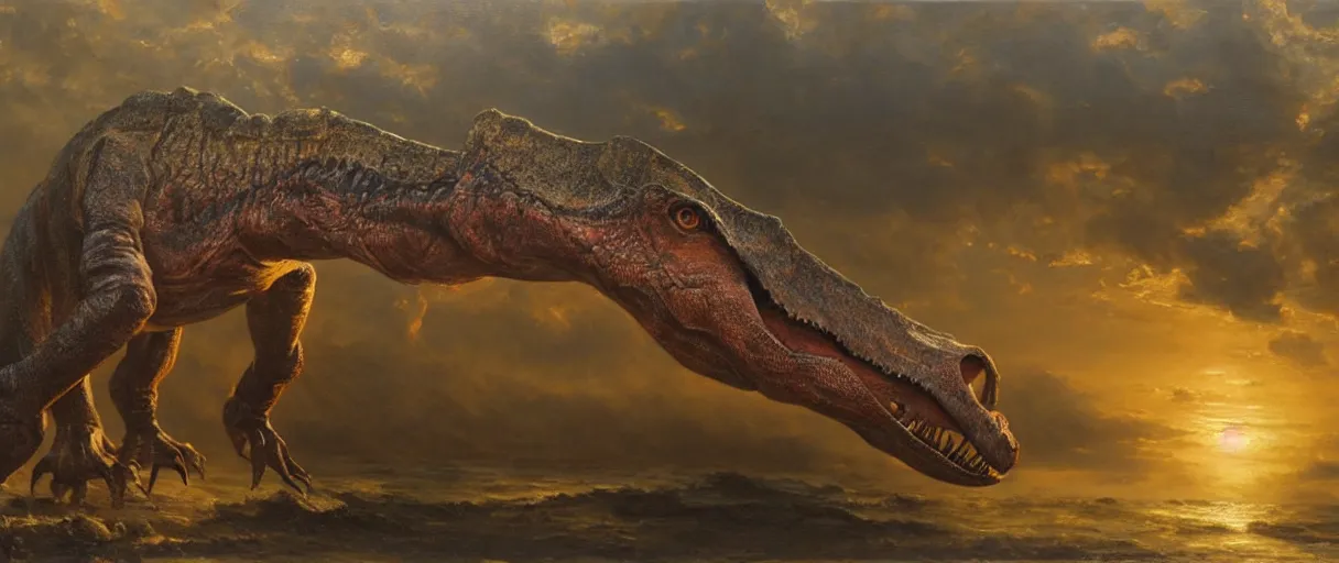 Image similar to oil painting of a dinosaur on canvas, by James gurney, realism, warm lighting, award winning, high detail, professional, volumetric lighting