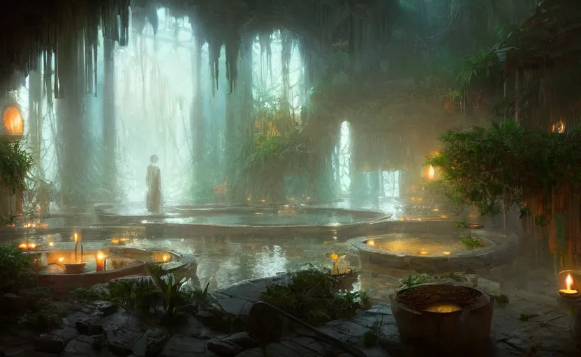 Prompt: painting of an interior of an otherworldly hot spring with candles, natural light, fantasy, lush plants and flowers, natural light, concept art, by greg rutkowski and craig mullins, cozy atmospheric and cinematic lighting, trending on artstation