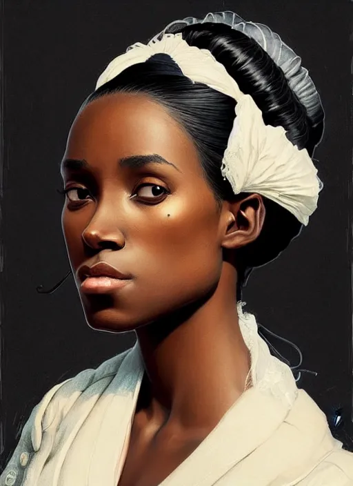 Image similar to a portrait of a young black woman with a crooked nose in victorian clothing, confident pose, intricate, elegant, sharp focus, illustration, highly detailed, concept art, matte, trending on artstation, anime, art by james jean and artgerm and brian despain and alberto mielgo, greg rutkowski, wlop, ilya kuvshinov, strong strokes