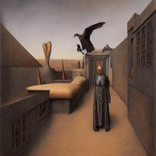 Image similar to Exterior Desert Oasis dessicated physique demonic crow wearing a man costume giorgio de chirico Jan Van eyck bastien lecouffe-deharme odd nerdrum dragan bibin john steuart curry dan witz