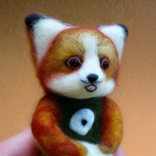 Prompt: a red panda needle felted, needle felting art.