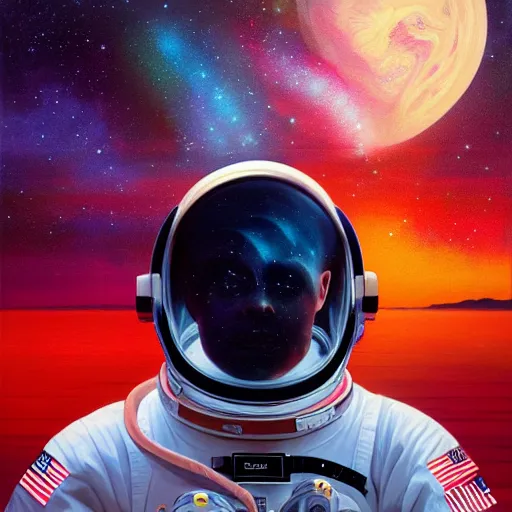 Image similar to cosmic skies in the reflection on an astronaut helmet. Vivid colors, soft lighting, atmospheric, cinematic, moody, in the style of Ilya Kuvshinov and Range Murata, Krenz Cushart, rule of thirds, oil on canvas, 8k.