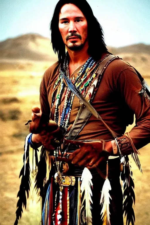 Image similar to Photo of Native American indian man Keanu Reeves, portrait, skilled warrior of the Apache, ancient, realistic, detailed, Keanu Reeves