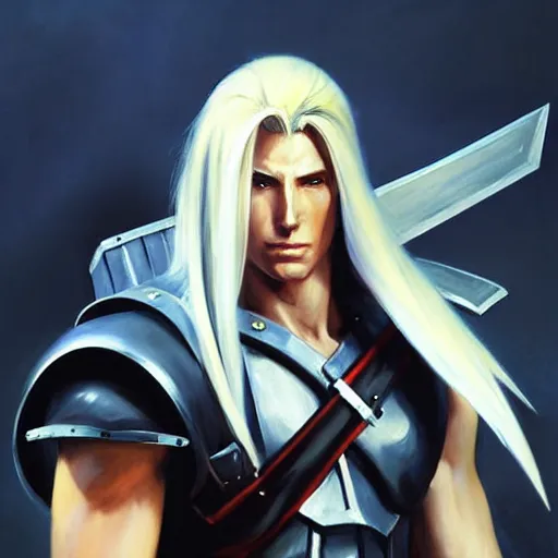 Prompt: Greg Manchess portrait painting of Sephiroth from FFVII as Overwatch character, medium shot, asymmetrical, profile picture, Organic Painting, sunny day, Matte Painting, bold shapes, hard edges, street art, trending on artstation, by Huang Guangjian and Gil Elvgren and Sachin Teng