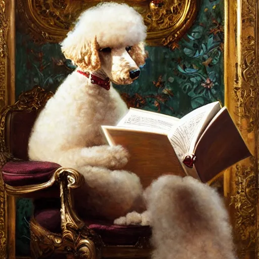 Image similar to a poodle reading a big book, highly detailed painting by gaston bussiere, craig mullins, j. c. leyendecker 8 k