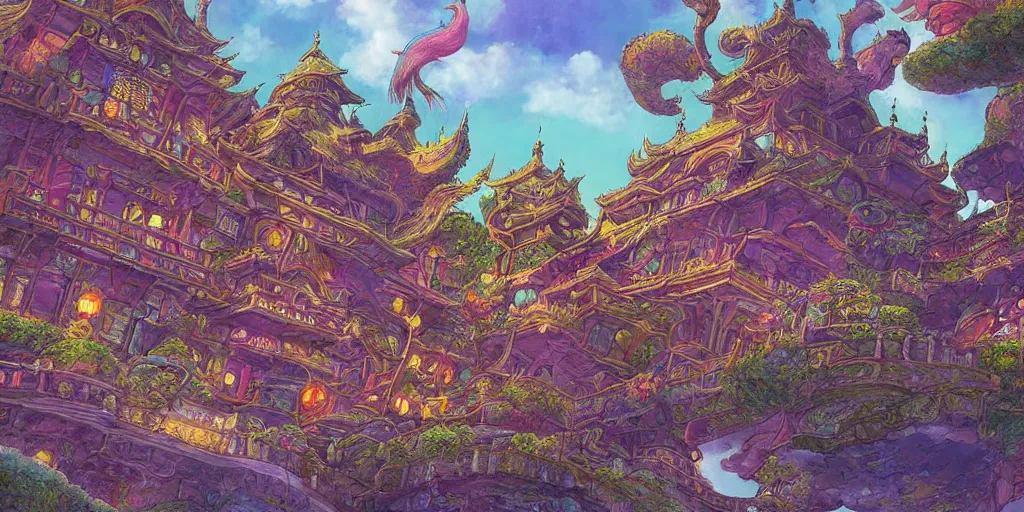 Image similar to beautifully detailed painting of a dreamy psychedelic Palace by studio ghibli , moebius, FFXIV environment design