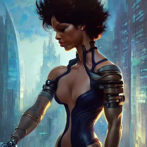 Image similar to cyborg Normani as aeon flux profile picture by Greg Rutkowski, dynamic pose, intricate, futuristic, fantasy, elegant, by Stanley Artgerm Lau, greg rutkowski, thomas kindkade, alphonse mucha, loish, norman Rockwell,