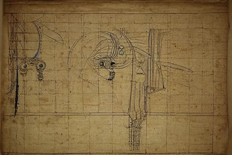 Prompt: ancient technical schematics on parchment by leonardo da vinci of a 9 1 1