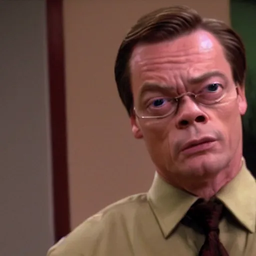 Image similar to Jean Claude Vandamme as Dwight Schrute on the office, cinematic still, high quality,