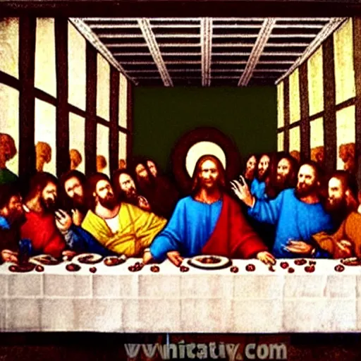 Image similar to jesus and the 1 2 disciples eating the last supper at applebees, in the style of leonardo da vinci