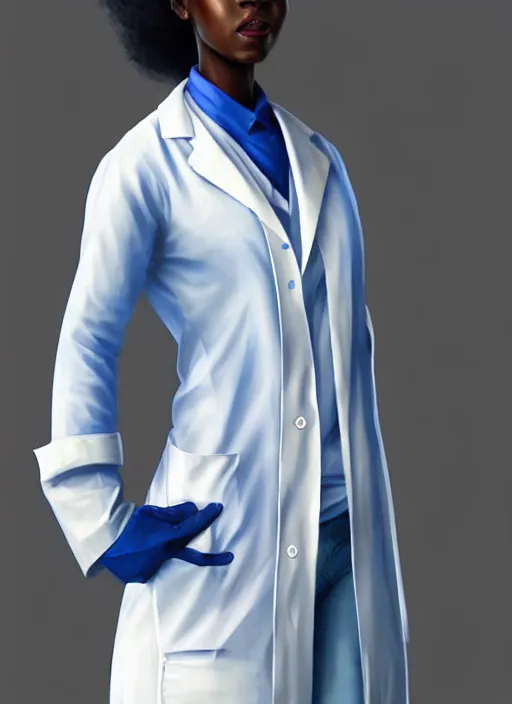 Image similar to full body portrait of young black woman with as a doctor, blue scrubs and white coat, intricate, beautiful and elegant, highly detailed, digital painting, artstation, concept art, smooth, sharp focus, illustration, art by wlop, mars ravelo and greg rutkowski