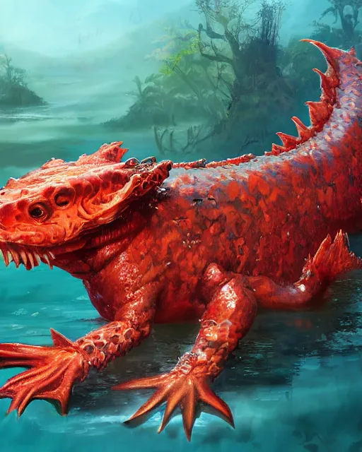Image similar to game character beautiful giant huge kaiju sized pond dragon half fish half salamander, sea dragon, wet amphibious skin, red salamander, axolotl creature, koi pond, korean village by Ruan Jia and Gil Elvgren, fullbody
