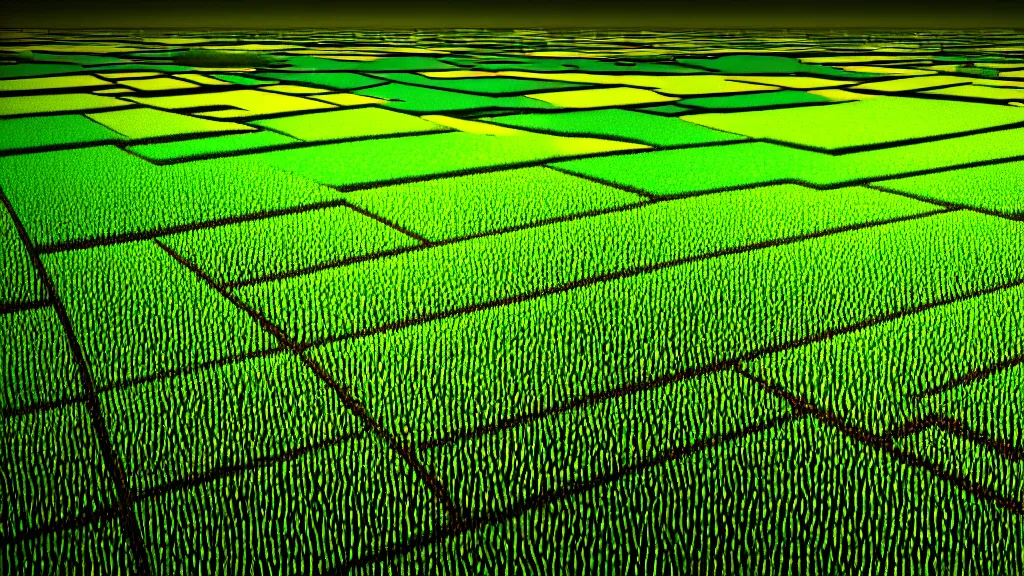 Image similar to a rice field in toyama city, japan, a collage painting, in the style of wes anderson, lola dupre, david hockney, isolated on negative white space background dark monochrome neon fluorescent spraypaint accents volumetric octane render