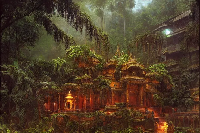 Prompt: An indian temple in a jungle, moody scene, highly detailed, intricate, sharp details, dystopian mood, 1950 scene by gaston bussiere, craig mullins, somber lighting, drawn by Giacomo Burattini, inspired by graphic novel cover art, hyperrealistic, 8k by RHADS