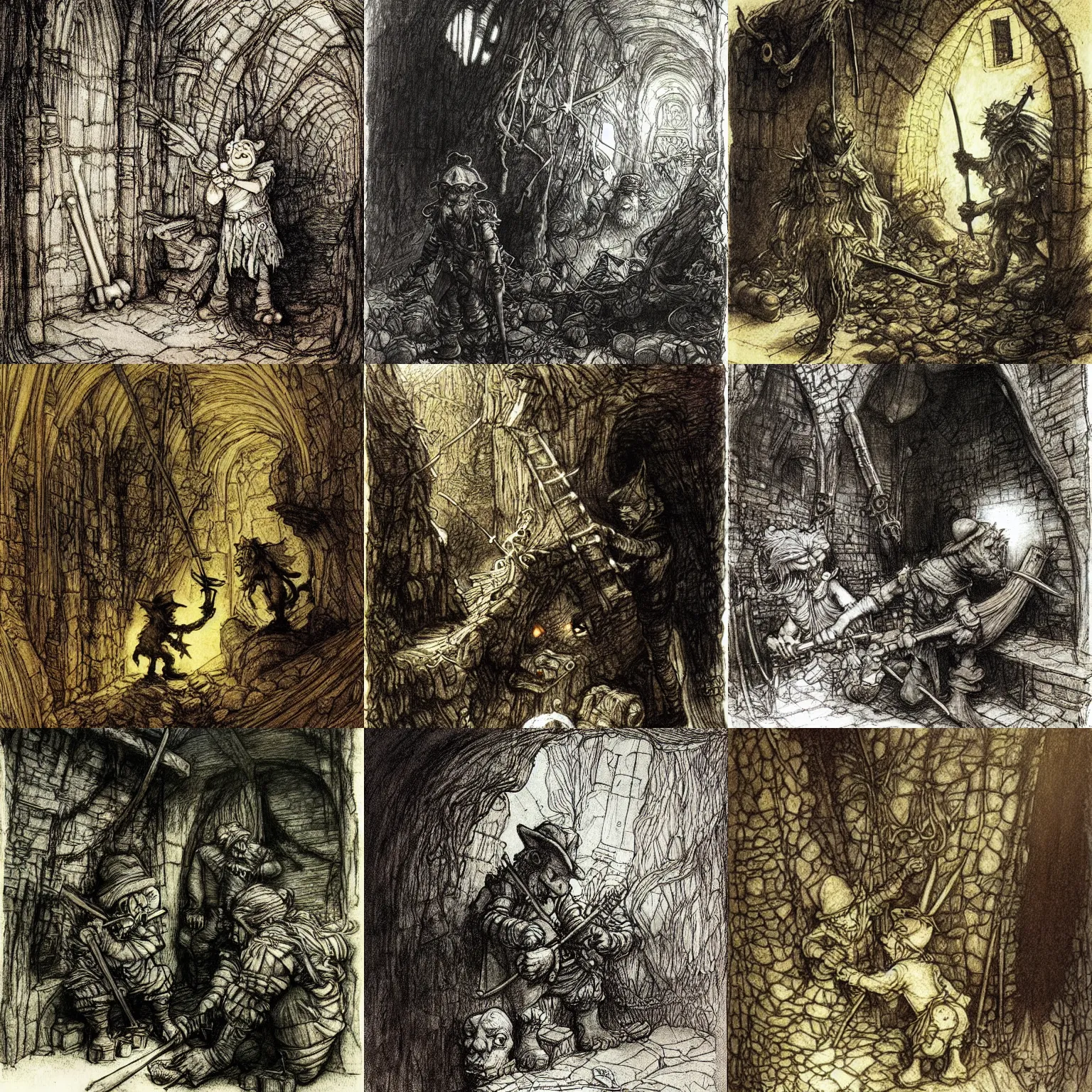 Prompt: cunning, miner [ [ hobgoblins ] ] work in a dark [ mine ], fairy tale illustration, drawing by alan lee, rembrandt, arthur rackham and marc simonetti
