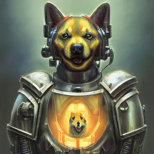 Image similar to warhammer 4 0 k emperor armor realistic cyborg anthropomorphic shiba inu scifi cyberpunk x - ray, portrait art by donato giancola and greg rutkowski, realistic face, x - ray fields glowing in tesla electricity visible magnetic field, digital art, trending on artstation, symmetry