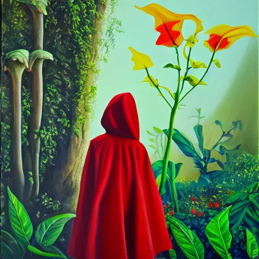 Prompt: oil painting of little red riding hood gazing up at brugmansia suaveolens flowers