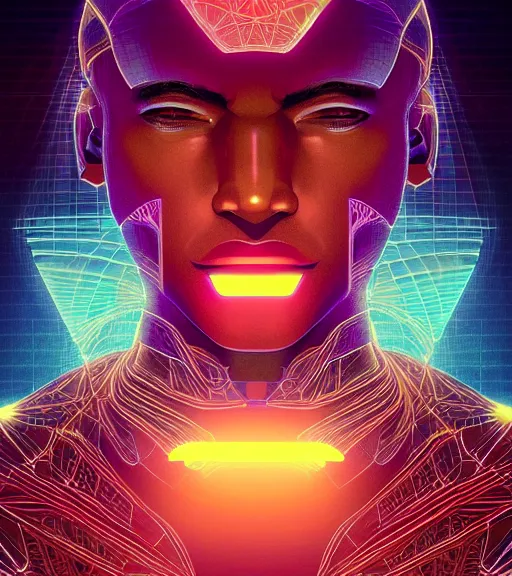 Image similar to symmetry!! egyptian prince of technology, solid cube of light, hard edges, product render retro - futuristic poster scifi, lasers and neon circuits, brown skin man egyptian prince, intricate, elegant, highly detailed, digital painting, artstation, concept art, smooth, sharp focus, illustration, dreamlike, art by artgerm