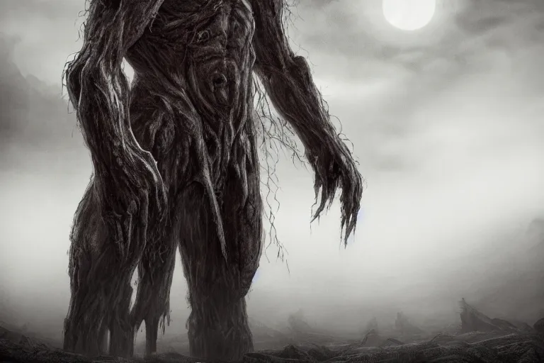 Image similar to a tall humongous angry monster made of flesh and bones, standing faraway in the far distance, elden ring boss, realism, photo realistic, high quality, misty, hazy, ambient lighting, cinematic lighting, studio quality, scary