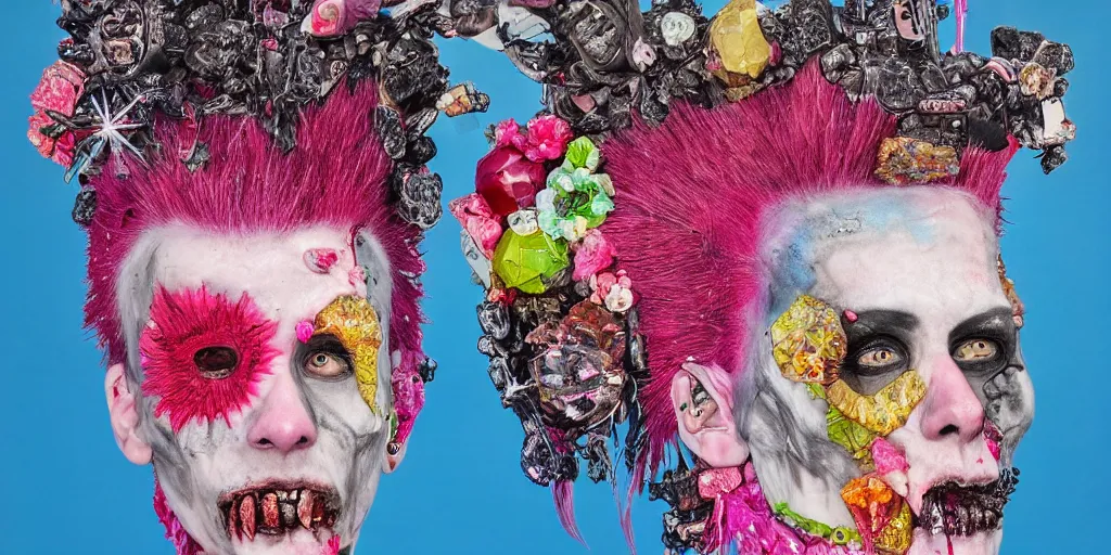 Image similar to a portrait of a punk rock zombie, pink crystal mohawk, skin made of crystals fruit and flowers, Baroque, Arcimboldo, character design, expressionistic, blue background